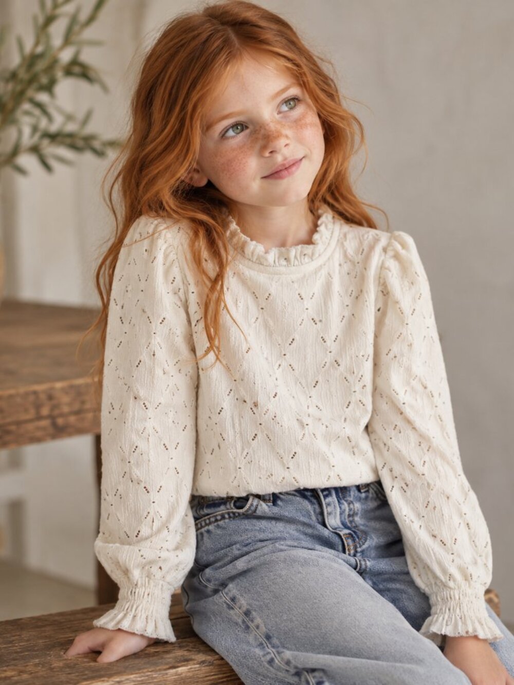 Zara Girls Cream Pointelle Ruffle Neck Long Sleeve Top Size 6